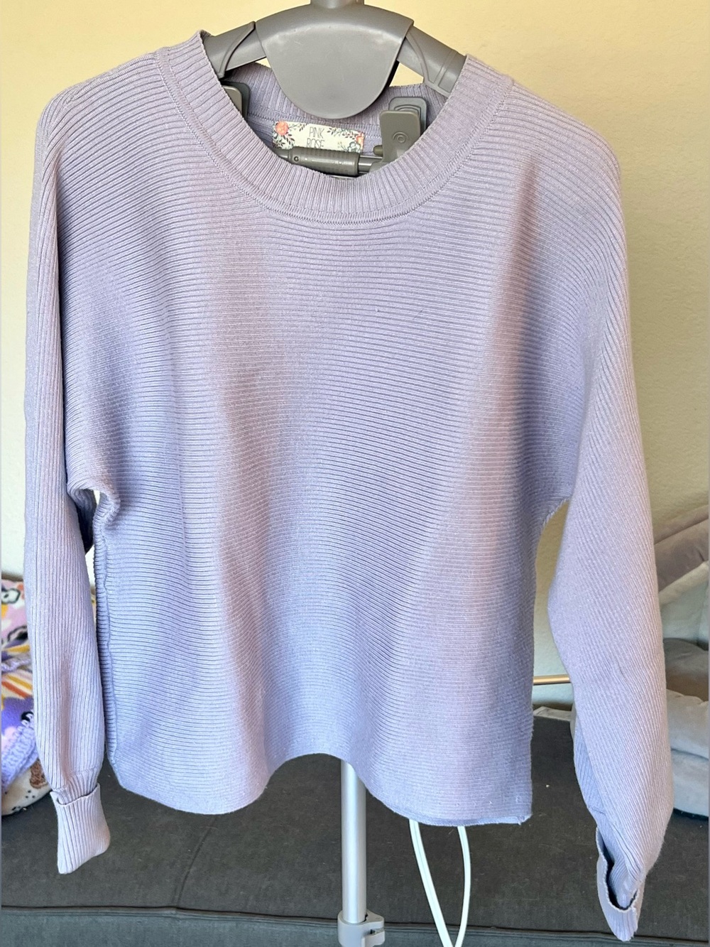 Womens Pastel Lavender Ribbed Crewneck Sweater